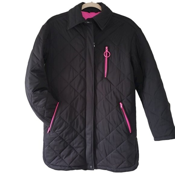 Avec Les Filles Jackets & Blazers - Avec Les Filles Black & Pink Quilted Lightweight Hip Length Puffer Jacket